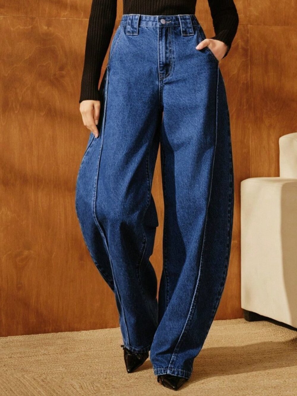 Blue Casual Women's Loose Baggy Mid Waist Long Tapered Carrot Pants - Picture 5 of 7